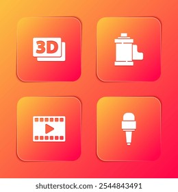Definir palavra 3D, Cartucho de rolo de filme da câmera, Ícone de reprodução de vídeo e microfone. Vetor
