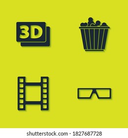 Set 3D word, cinema glasses, Play Video and Popcorn box icon. Vector.