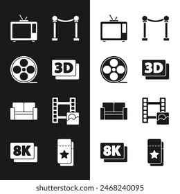 Set 3D word, Film reel, Retro tv, Rope barrier, Cinema chair, Play Video, ticket and 8k Ultra HD icon. Vector