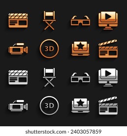 Set 3D word, Online play video, Movie clapper, Laptop with star, Cinema camera, cinema glasses,  and Director movie chair icon. Vector