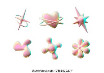 Set of 3D Y2K style icons featuring an iridescent finish with abstract heart, stars, and unique geometric shapes. Perfect for modern retro design in vector illustration.