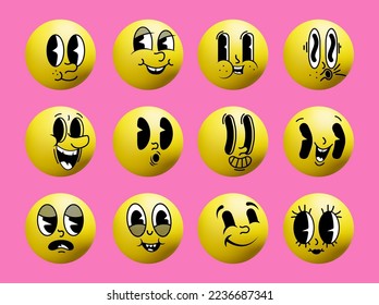 Set of 3d yellow ball emoji with retro funny cartoon character faces isolated on pink background. Vector illustration