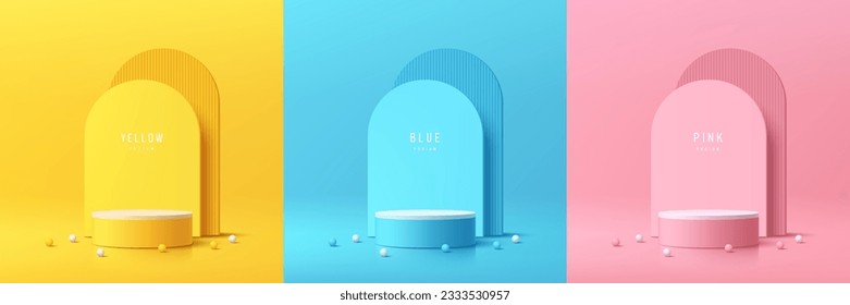 Conjunto de podio pedestal 3d amarillo, azul, rosado y blanco con escena de pared de fondo de arco de capa. Composición abstracta en diseño mínimo. Presentación de productos cosméticos de las plataformas. Muestra de escenario.