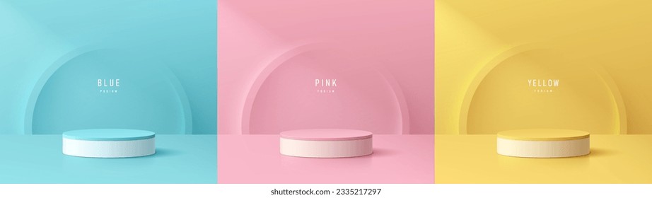 Set of 3d yellow, blue, pink and white cylinder podium with emboss semi circle background wall scene. Abstract composition in minimal design. Platforms cosmetic product presentation. Stage showcase.