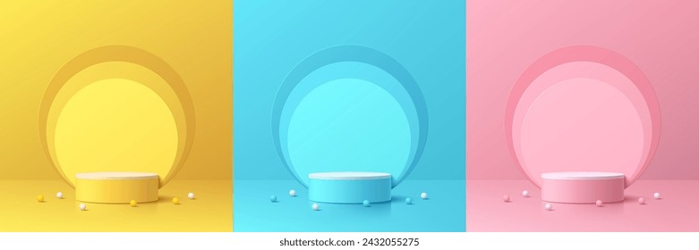 Conjunto de 3d amarillo, azul, rosa y blanco podio de pedestal de cilindro con la escena de fondo de círculos de capa. Composición abstracta en diseño minimalista. Presentación de productos cosméticos. Escaparate escénico.