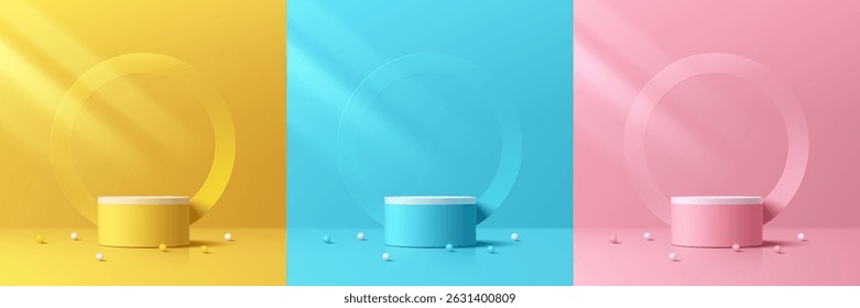 Set of 3d yellow, blue, pink round podium background with balls and circles backdrop. Studio rooms. Abstract composition in minimalist design. Platforms cosmetic product presentation. Stage showcase.