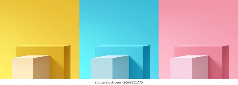 Conjunto de 3D amarillo, azul, rosa y blanco pasos cubo caja producto podio de fondo. Composición Abstractas en diseño minimalista. Pedestal de la sala de exposición del estudio, escena de la pared de la maqueta del escaparate de la moda.