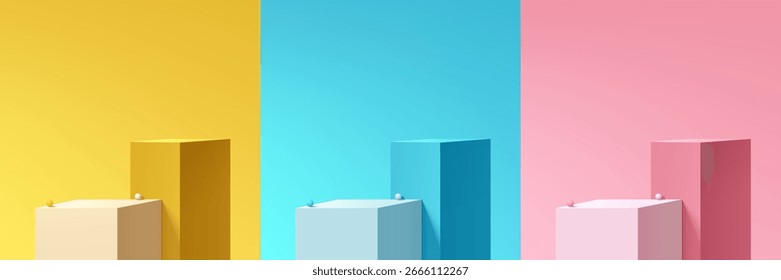 Set of 3d yellow, blue, pink and white two cube box product podium background. Abstract composition in minimalist design. Studio display showroom pedestal, Fashion stage showcase mockup wall scene.