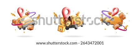 Set of 3D yellow delivery vans and parcels with lightning and map pin creating a dynamic shipping concept for fast express mail.