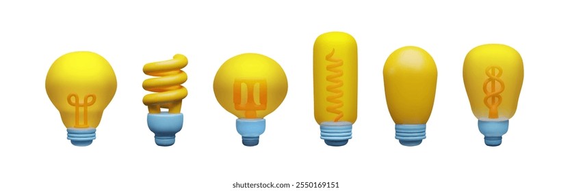 A set of 3D yellow light bulbs highlights creativity and innovation. Round and oval shapes are energy-saving and luminous, ideal for brainstorming and business concepts.