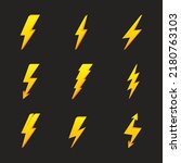 Set of 3d yellow lightning bolt. Symbol electricity, energy and thunder. Sign voltage and power. Flat logo with shadow. Isolated vector illustration