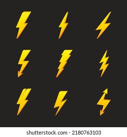 Set of 3d yellow lightning bolt. Symbol electricity, energy and thunder. Sign voltage and power. Flat logo with shadow. Isolated vector illustration