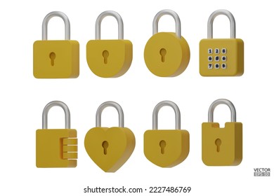Set of 3D yellow Padlock icons isolated on white background. Minimal lock icon. 3d vector illustration.