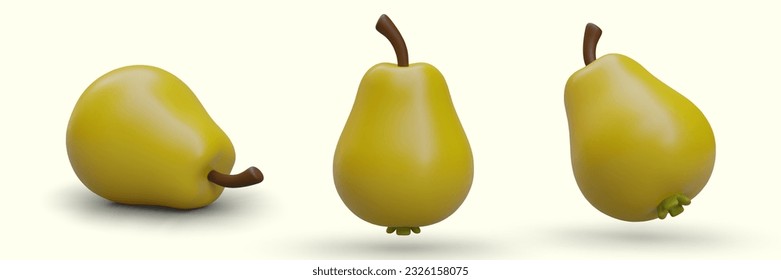 Set of 3D yellow pears. Ripe sweet fruits. Isometric illustration with glare and shadows. Natural dessert, ready to eat. Color modern icons for web design