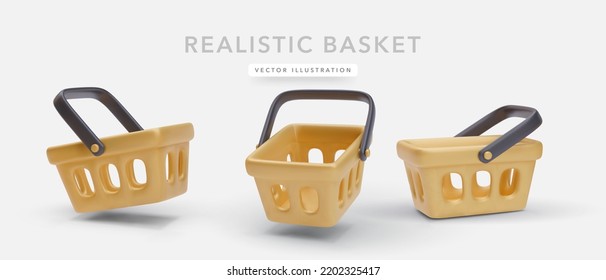 Set of 3d yellow realistic shopping cart with shadow isolated on white background. Vector illustration