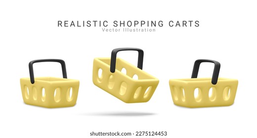 Set of 3d yellow realistic shopping cart with shadow isolated on white background. Vector illustration