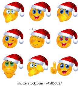 Set of 3D Yellow Smiley Emotional Faces with Christmas Santa Hat on. Emoji Vector Illustration