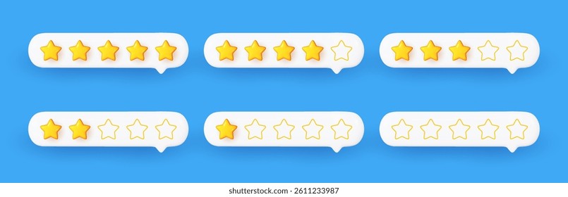 Set of 3D yellow star rating inside a white speech bubble. Realistic customer review symbol representing top service and positive feedback.