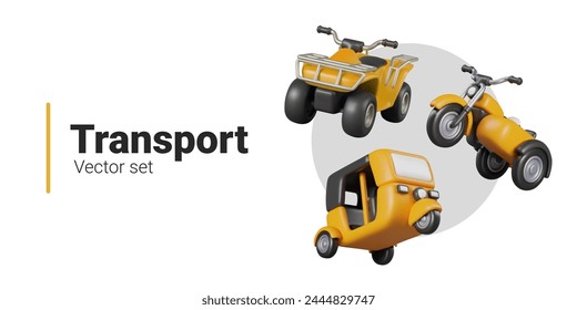 Set of 3D yellow vehicles in floating position. Quad bike, auto rickshaw, tricycle with sidecar