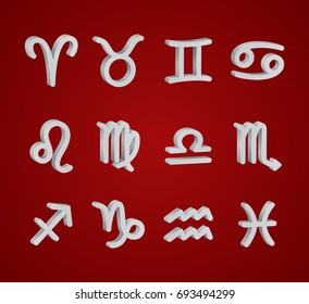 Set of 3D zodiac symbols, white symbols on the red background