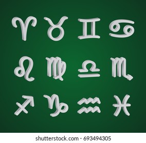 Set of 3D zodiac symbols, white symbols on the green background