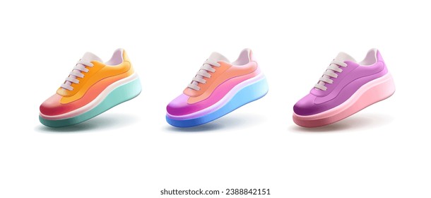 Set of 3D-colored modern sneakers for women and men. For the concept of sports, shops, web design, lifestyle, and design of comfortable shoes. A set of sneakers on a white background.