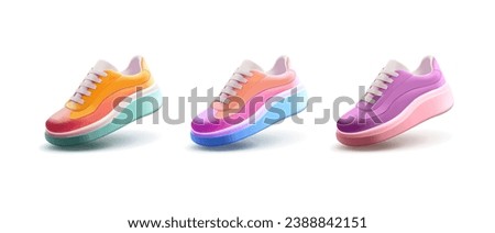 Set of 3D-colored modern sneakers for women and men. For the concept of sports, shops, web design, lifestyle, and design of comfortable shoes. A set of sneakers on a white background.