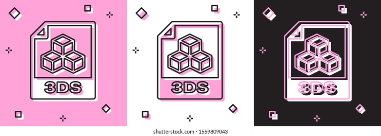 Set 3DS file document. Download 3ds button icon isolated on pink and white, black background. 3DS file symbol.  Vector Illustration