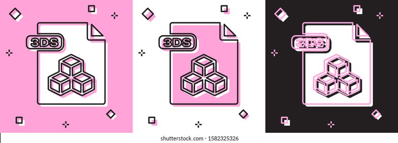 Set 3DS file document. Download 3ds button icon isolated on pink and white, black background. 3DS file symbol.  Vector Illustration
