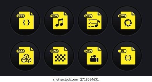Definir documento de arquivo 3DS, RAW, PNG, MOV, M3U, WAV, JS e ícone CSS. Vetor