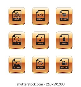 Set 3DS file document, TIFF, RAW, MP3, GIF and RUBY icon. Vector