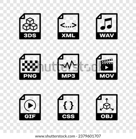 Set 3DS file document, XML, WAV, GIF, CSS and OBJ icon. Vector