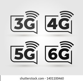 Set of 3G, 4G, 5G & 6G Icons. Flat design. Vector illustration. Isolated on black background.