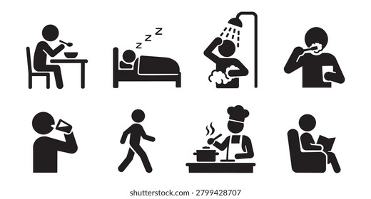 A set of 3ight minimalist icon of black and white stick figures depicting common daily routines and human activities such as eating, sleeping, showering, brushing teeth, drinking, walking, cooking, and reading.