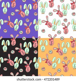 set 4 in 1. Seamless pattern with cute cartoon rabbit. Children's paintings. bunny head on different backgrounds: white, black, orange, purple.