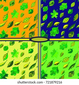 set 4 in 1 seamless patterns, leaves bright yellow green on a different background blue, yellow, orange, green