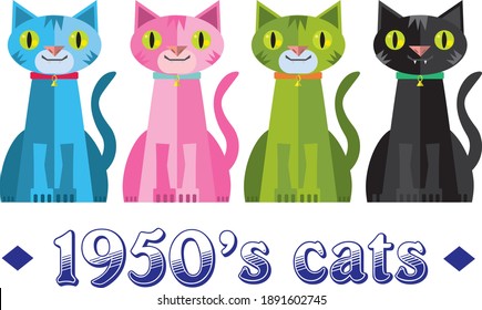 set of 4 1950's retro colorful cats