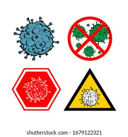 Set of 4 2019-nCoV bacteria isolated on white background. few Coronavirus in red circle vector Icon. COVID-19 bacteria corona virus disease sign. SARS pandemic concept symbol. Pandemic. Human health.