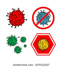 Set of 4 2019-nCoV bacteria isolated on white background. few Coronavirus in red circle vector Icon. COVID-19 bacteria corona virus disease sign. SARS pandemic concept symbol. Pandemic. Human health.