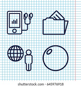 Set of 4 3d outline icons such as mp3 player, document in folder, bowling ball