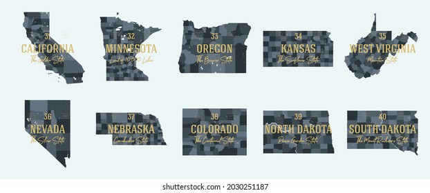 Set 4 of 5 Division United States into counties, political and geographic subdivisions of a states, Highly detailed vector maps with names and territory nicknames