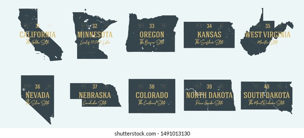 Set 4 of 5 Highly detailed vector silhouettes of USA state maps with names and territory nicknames