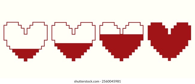 set of 4 8 bit red pixel hearts in retro style, flat vector illustration, perfect for your holiday background, textile, greeting card, wrapping, computer games