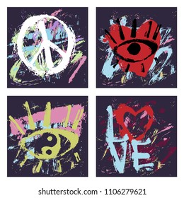 Set of 4 abstract art grunge distressed background. Grunge retro vintage background. Grunge lettering love, pineapple funny fase smile