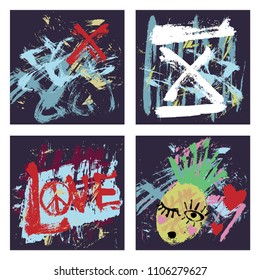 Set of 4 abstract art grunge distressed background. Grunge retro vintage background. Grunge lettering love, pineapple funny fase smile