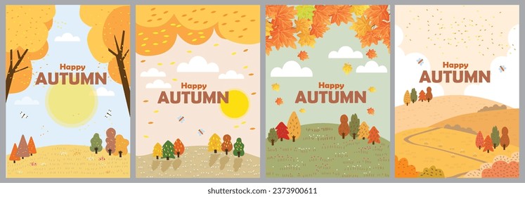 Set of 4 abstract autumn theme color oraange red green white blue brown poster design. Vector illustration.
