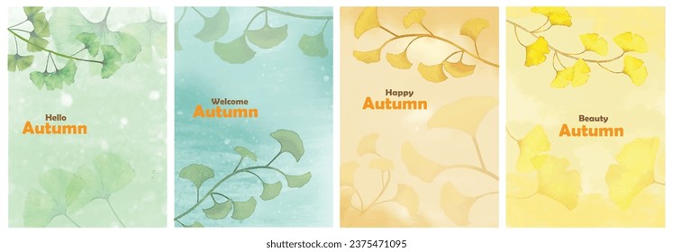 Conjunto de 4 temas abstractos de otoño color agua ginkgo hojas diseño de afiches. Ilustración vectorial.