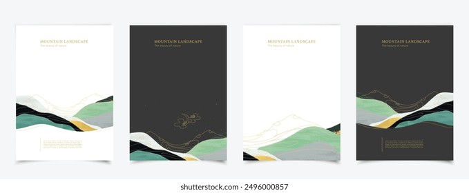 "Set of 4 abstract backgrounds with landscapes and empty space for text. Premium design for hotel notebooks with mountains, stars. Background with mountain landscape, wave and river. Minimalist design