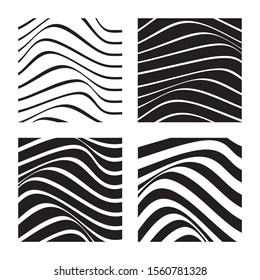 Set of 4 abstract backgrounds with wavy lines. Black wavy lines on white background. Minimalist black and white abstract design. Vector Illustration.