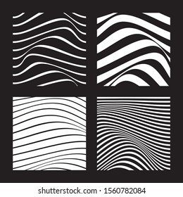 Set of 4 abstract backgrounds with wavy lines. White wavy lines on black background. Minimalist black and white abstract design. Vector Illustration.